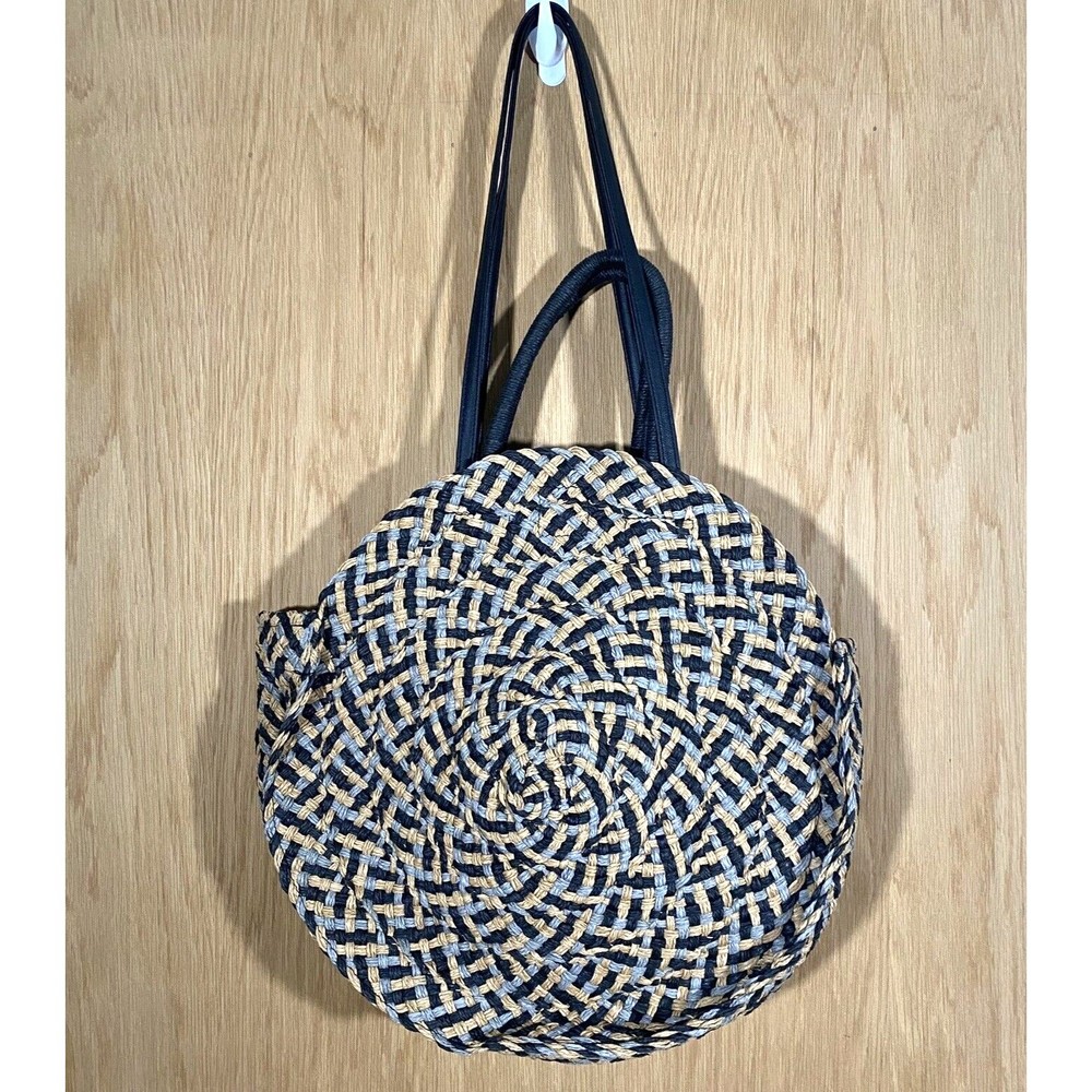 Woven Rattan Circle Handbag Summer Beach Tote Straw Bag Round Large Pocket Boho
